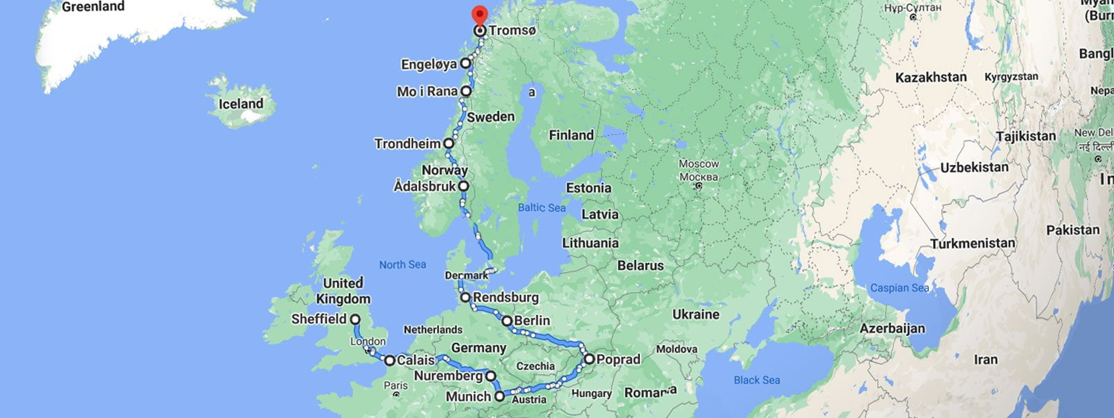 map of Our Cultures road trip from Sheffield UK to Tromso Norway via Europe